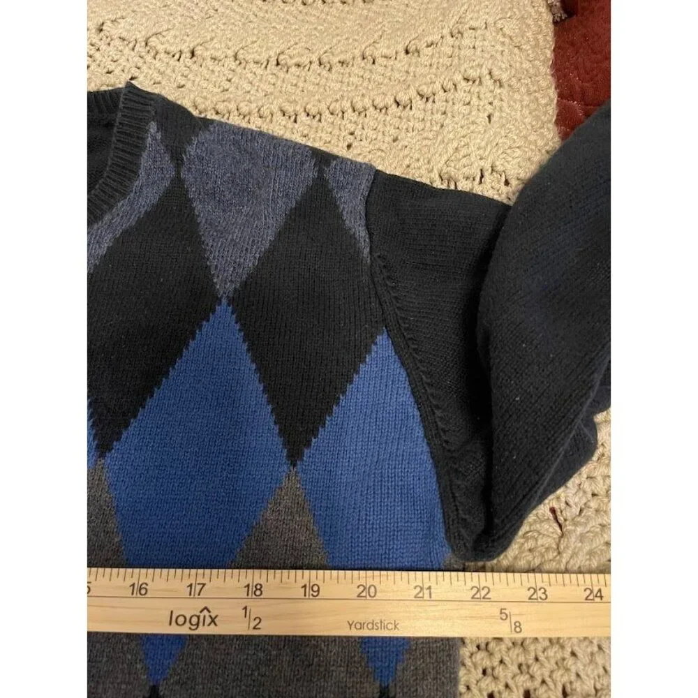 Nautica Mens Argyle Sweater L Black Blue Gray 100% Cotton Classic Knit Long Slee